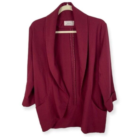 Love and Liberty Burgundy Crepe Blazer‎ Open Front Size Medium Stretch Cotton M - Picture 2 of 9